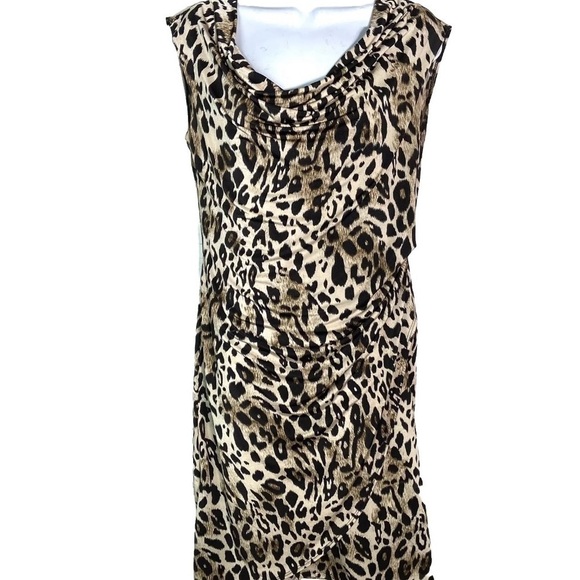 Clara Sun Woo Leopard Faux Wrap Sheath Dress Draped Neck - Picture 1 of 5